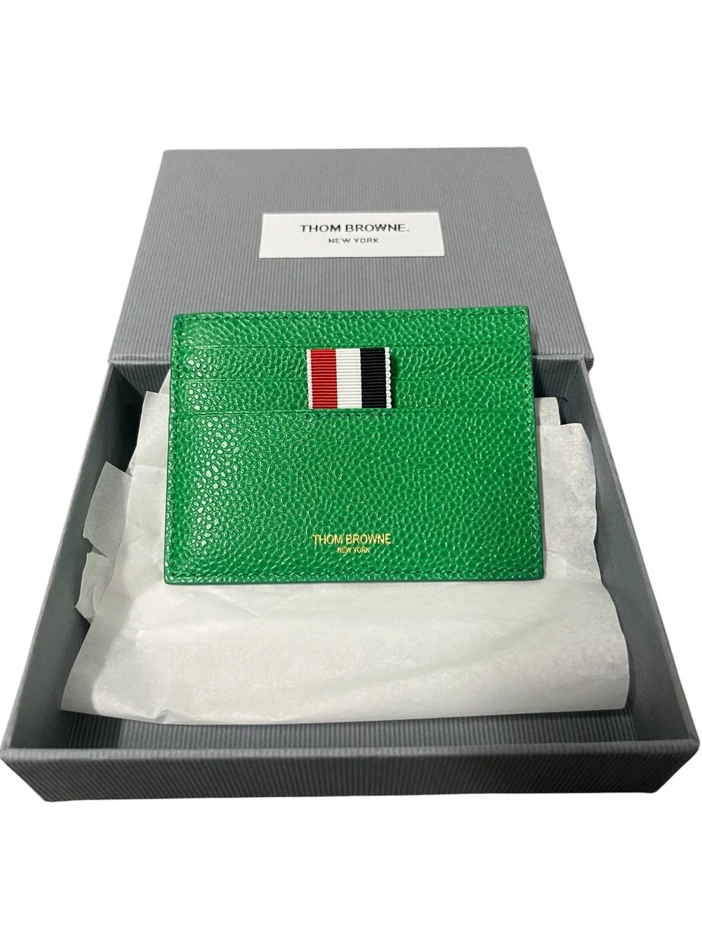 Thom Browne Green Pebbled Leather Card Sleeve with Red White Black Stripe